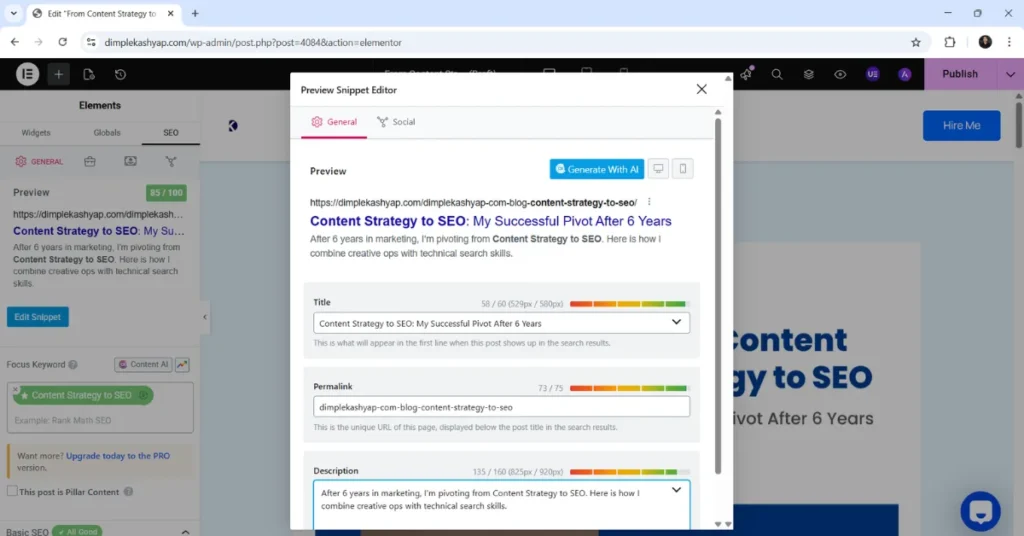 Screenshot of WordPress editor showing a Rank Math SEO score of 81/100 for the blog post "From Content Strategy to SEO: A Strategic Pivot After 6 Years in Marketing".